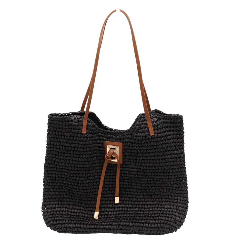 Studio Collection Black Woven Straw Tote Bag Tan Straps Handmade Summer Beach